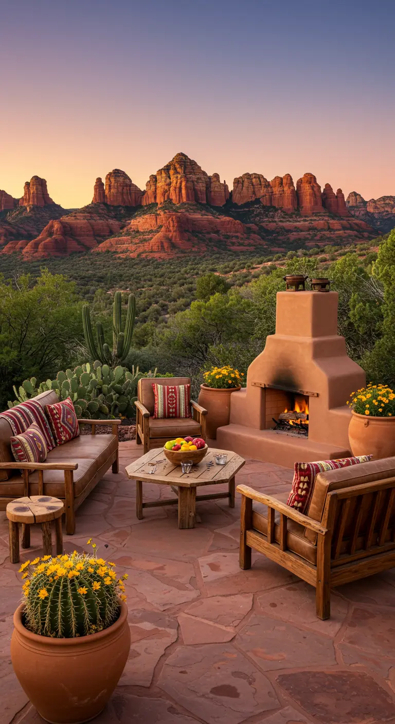 Terras met adobe buitenhaard en houten meubels met uitzicht op de rode rotsen van Sedona.