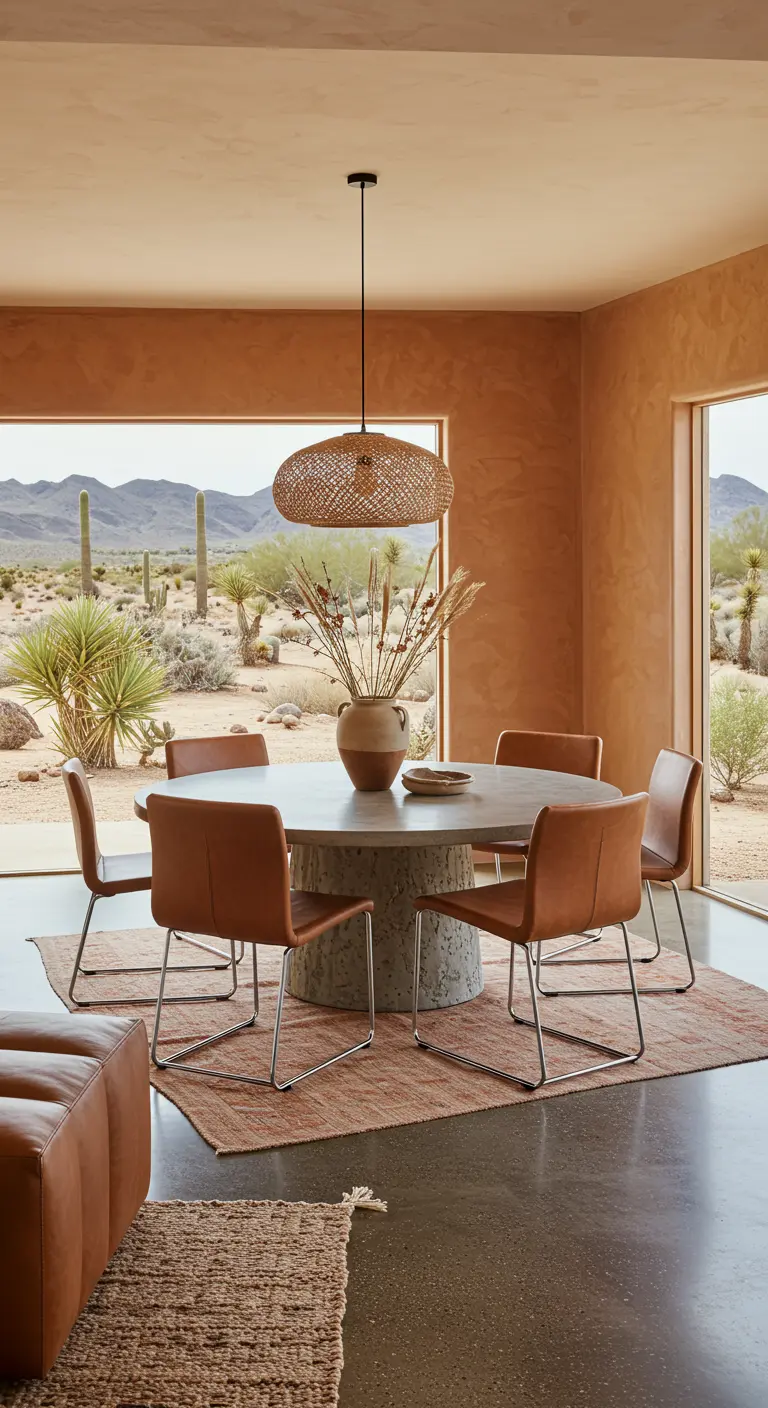 Eetkamer in aardetinten met ronde stenen tafel, leren stoelen en uitzicht op woestijnlandschap.