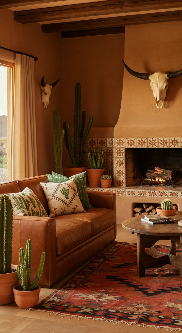 Southwestern woonkamer met een leren bank, cactussen en een open haard met tegels.