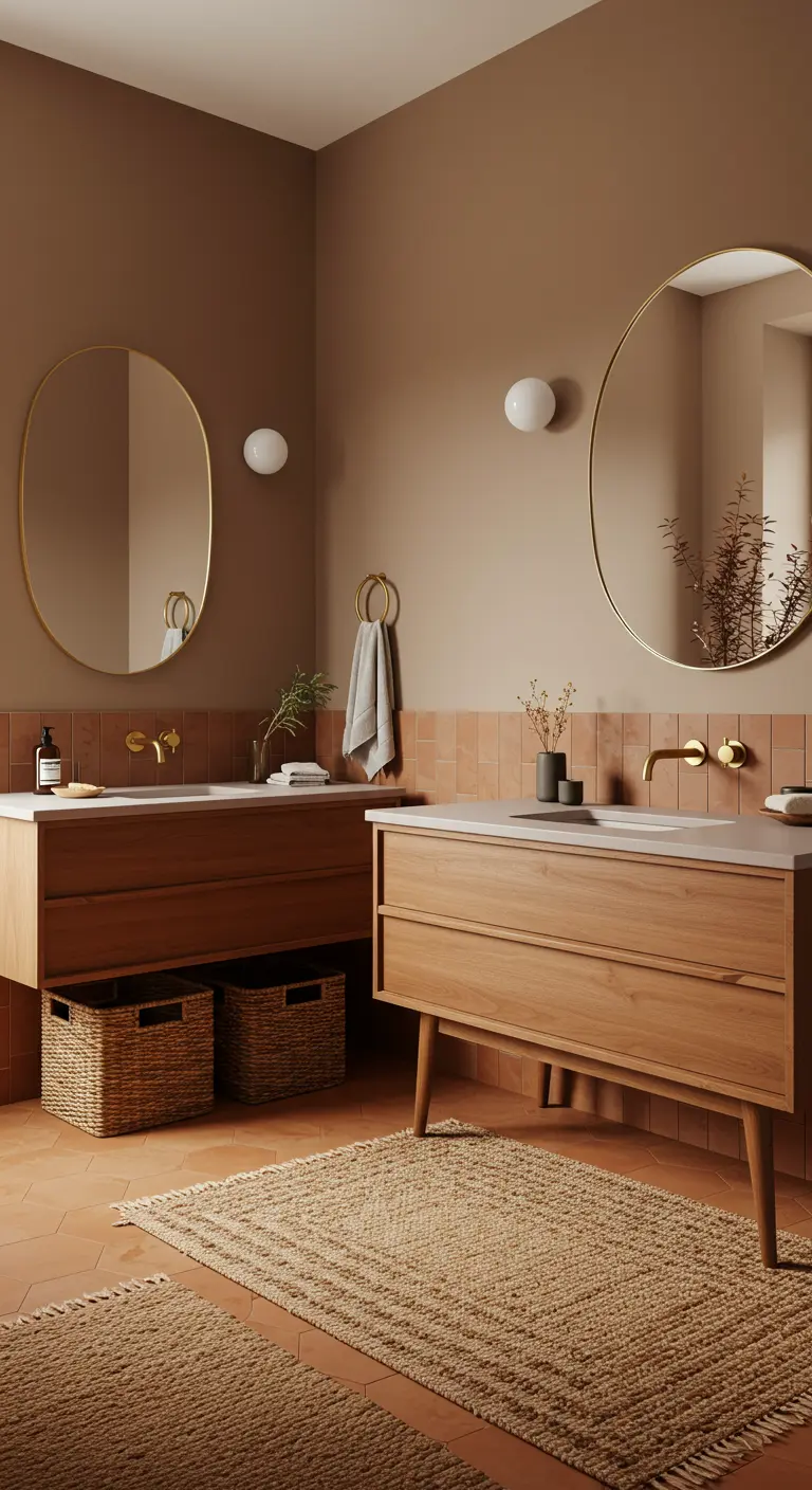 Badkamer in aardetinten met twee houten wastafelmeubels en ovale spiegels.
