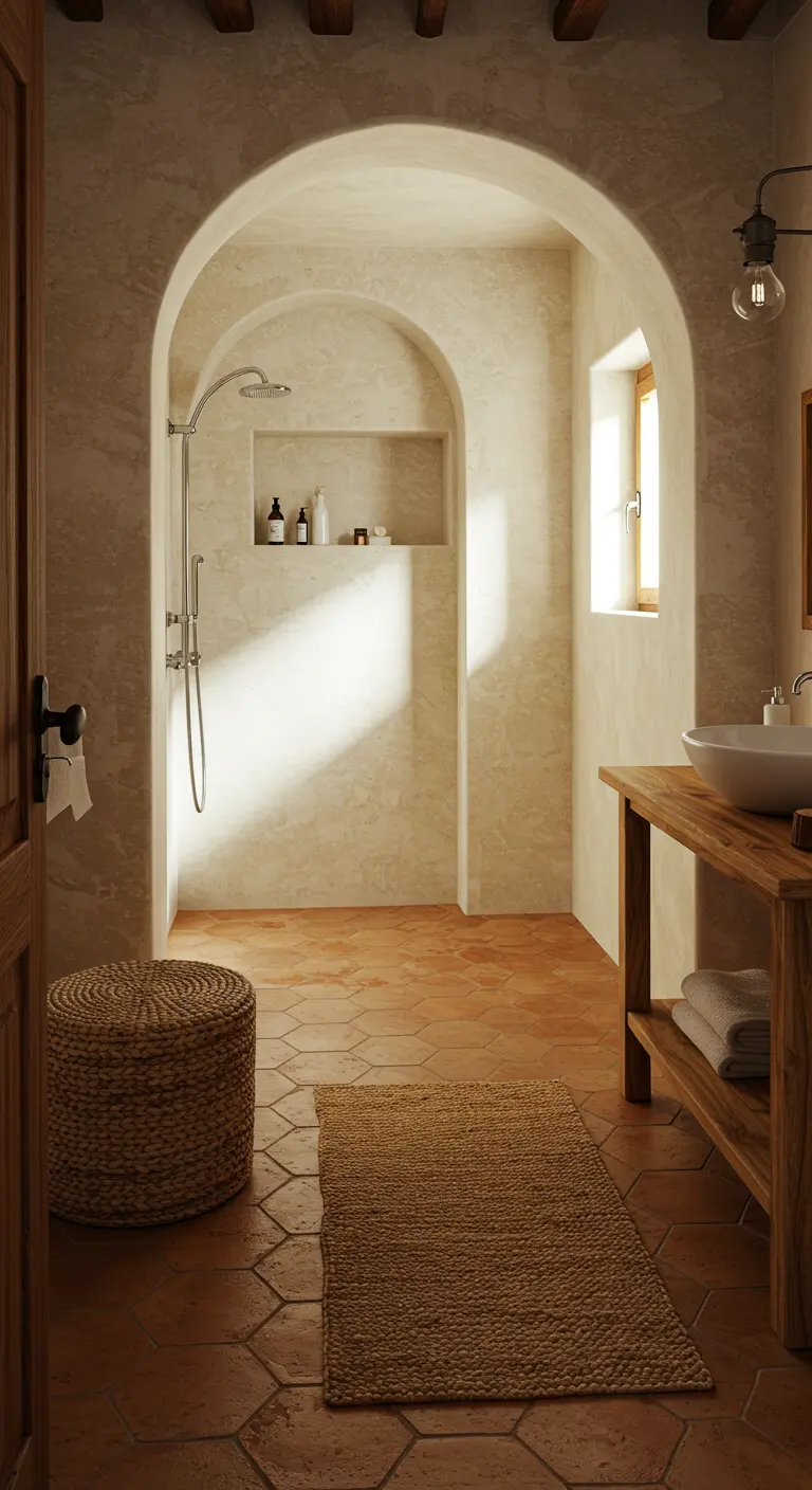 Mediterrane badkamer met een boog, terracotta tegels, en een geweven poef en loper.