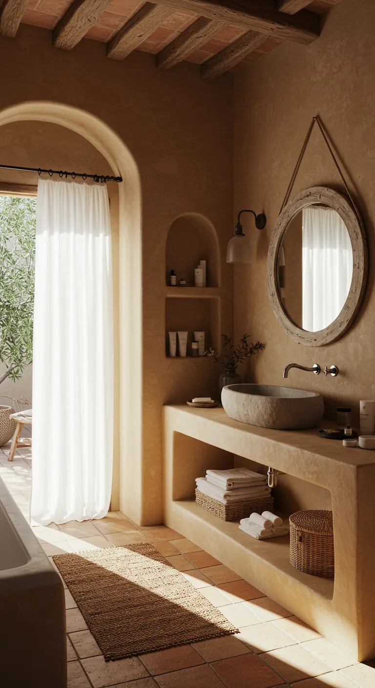 Mediterrane badkamer in terracotta tinten, met een stenen waskom en een ronde spiegel in een nis.
