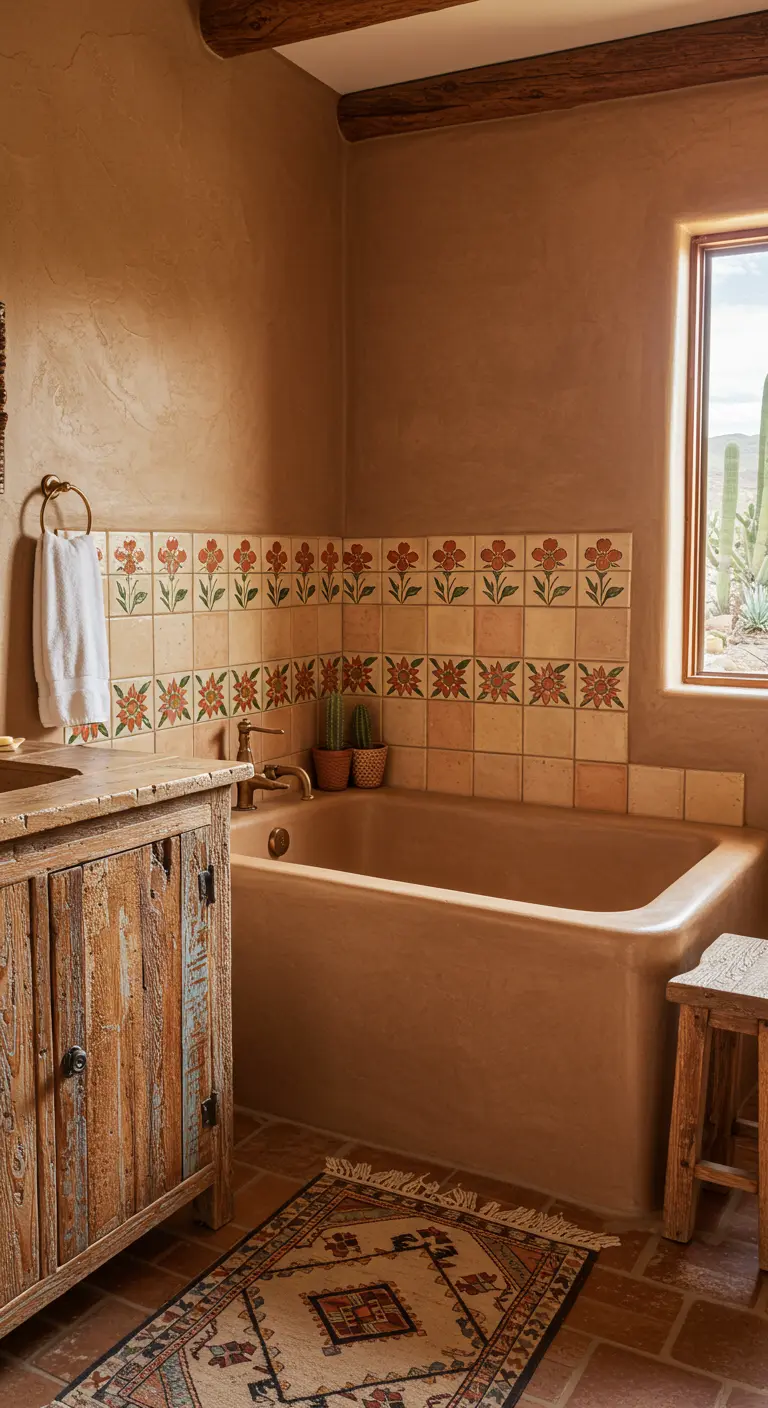 Badkamer in aardetinten met een rand van handgeschilderde bloementegels boven het bad.