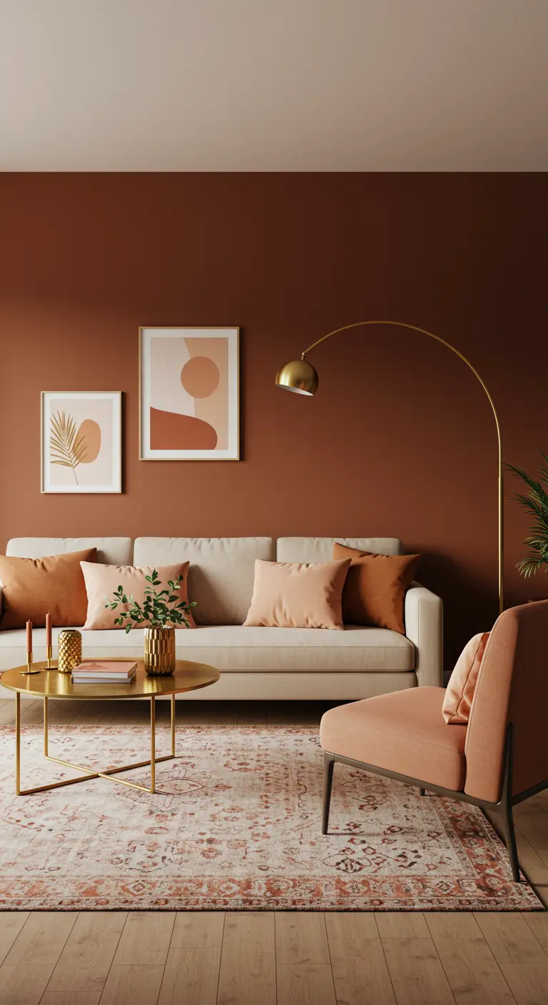 Woonkamer met een terracotta muur, een beige bank en een gouden booglamp.