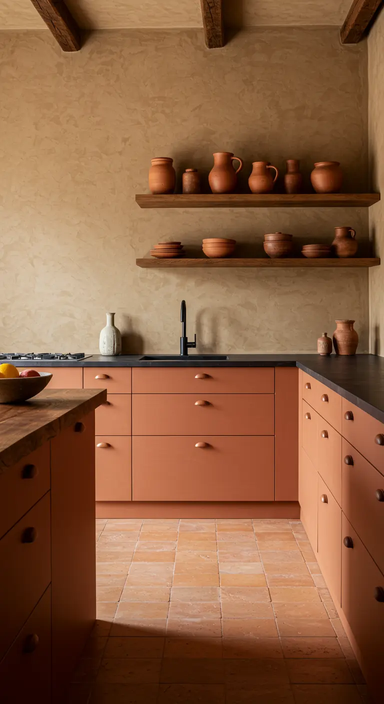 Keuken met terracotta-kleurige kasten, donker werkblad en wanden met een aardse textuur.