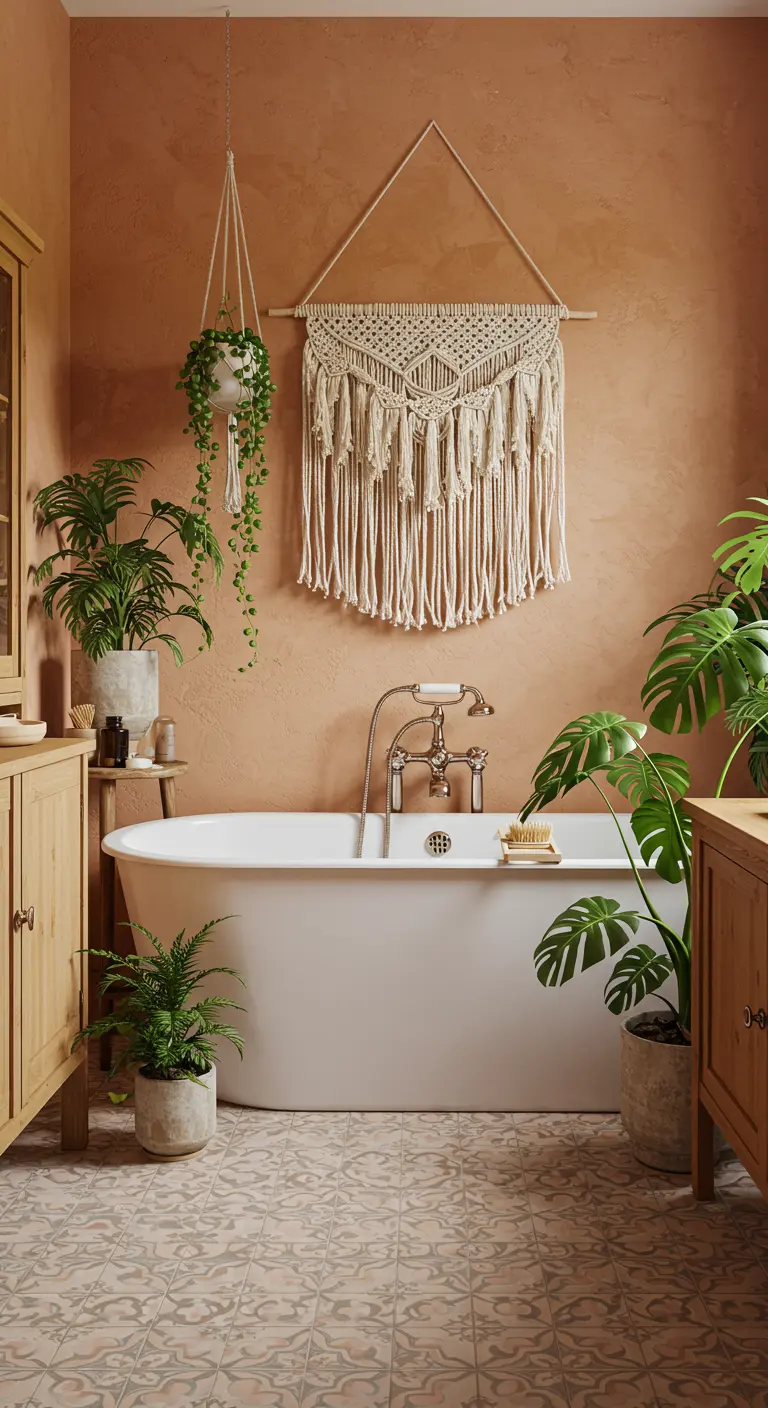 Bohemian badkamer met terracotta muren, veel planten en een macramé wandkleed boven het bad.