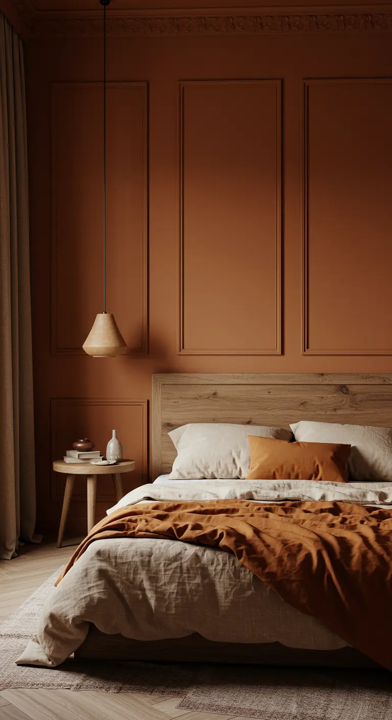 Moderne slaapkamer met terracotta muren en een houten bed.
