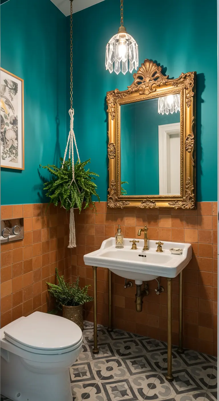 Eclectische badkamer met teal muren, terracotta tegels en een barokke gouden spiegel.