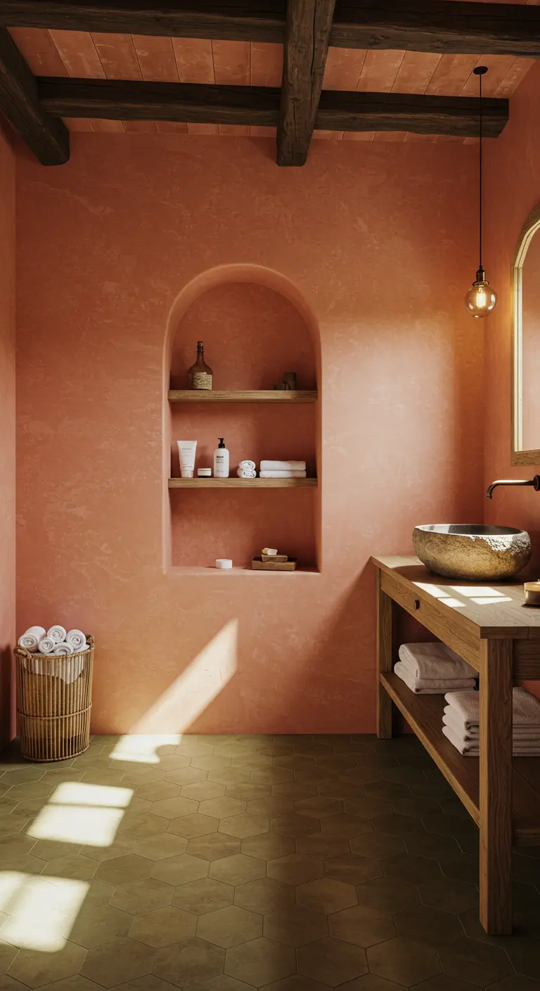 Rustieke badkamer met terracotta muren, een mosgroene tegelvloer en houten balken.