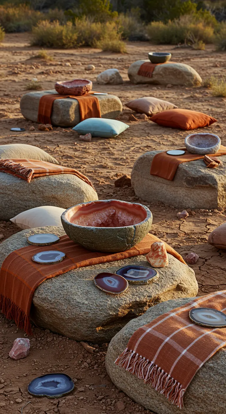 Zitplekken op grote rotsen met plaids, kussens en schalen van geodes.
