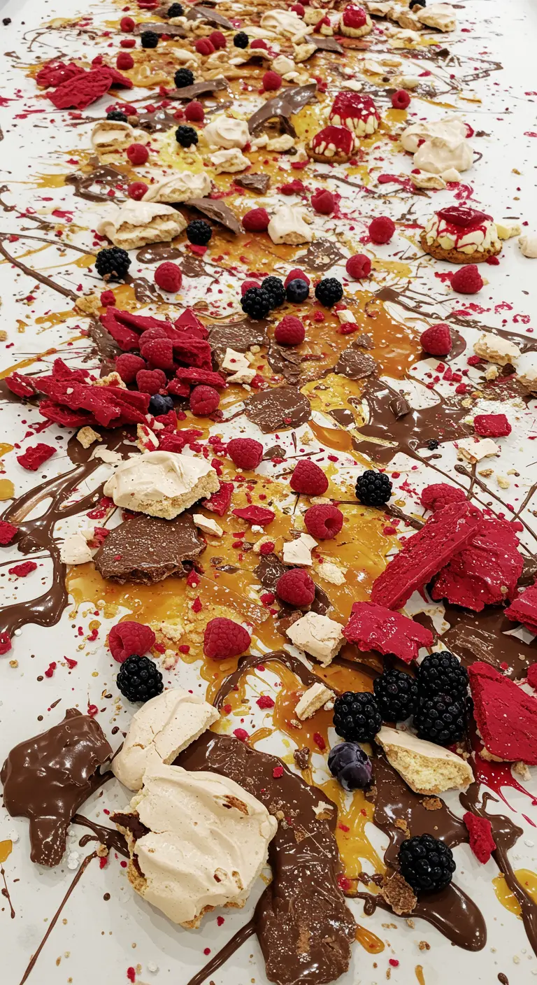 Een 'action painting' desserttafel met gespetterde chocolade, meringue en bessen.