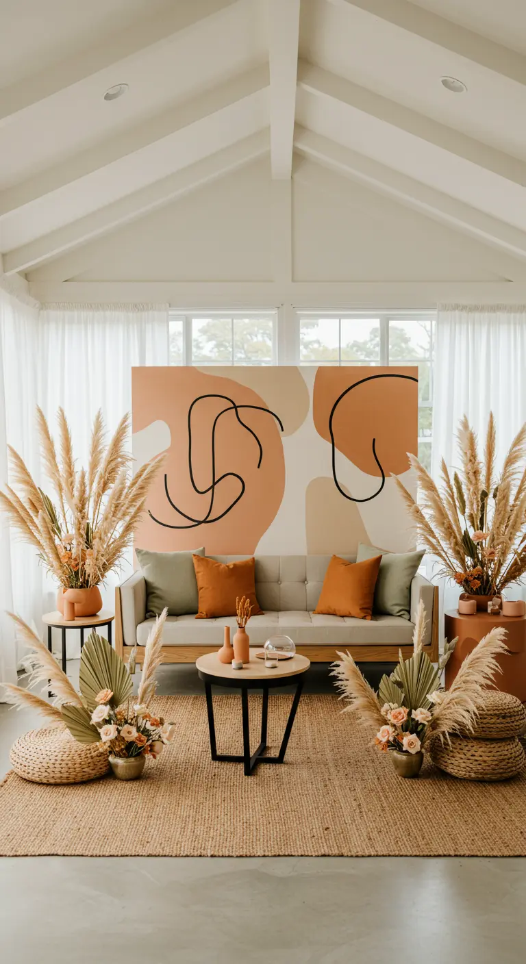 Lichte woonkamer met een groot abstract schilderij in aardetinten en decoratie met pampasgras.