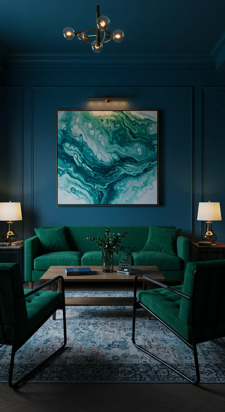 Moderne woonkamer met nachtblauwe muren, een groot abstract schilderij en smaragdgroene meubels.
