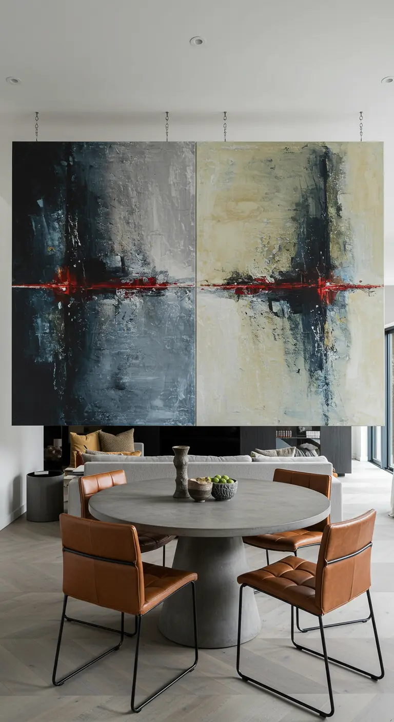 Moderne open ruimte met een groot abstract tweeluik dat de eethoek afscheidt.