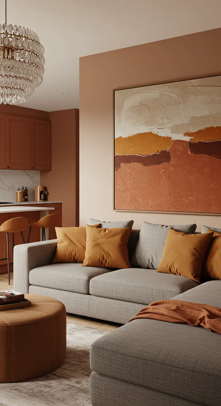 Woonkamer met grijze bank, terracotta muur en een groot abstract schilderij dat de kleuren combineert.