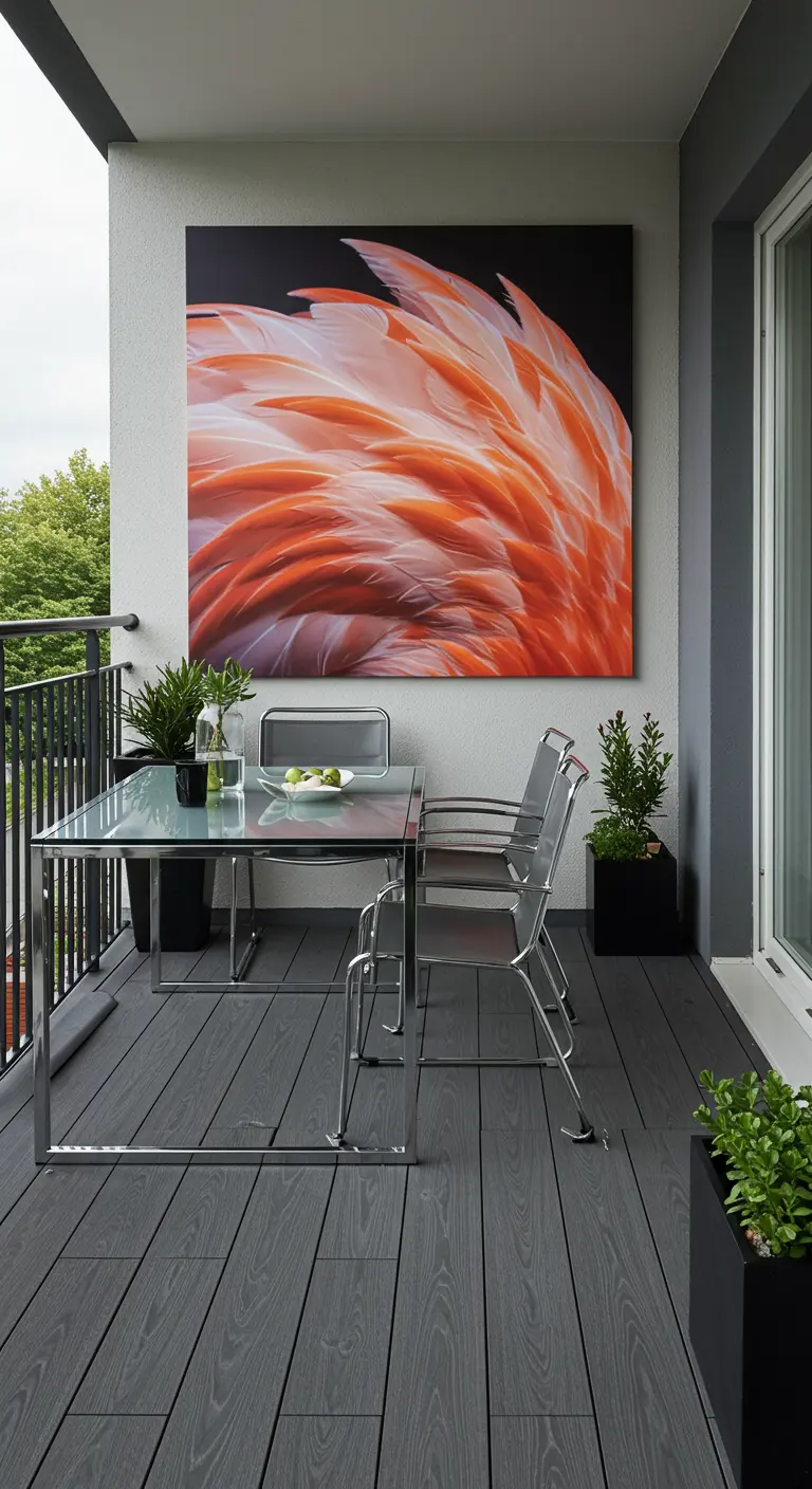Modern balkon met een groot abstract kunstwerk van oranje-roze flamingoveren.