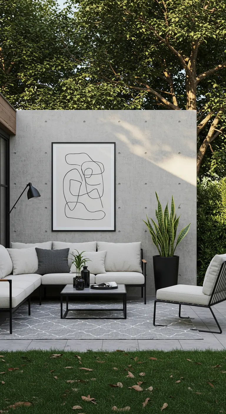 Moderne tuin met betonnen muur, strakke meubels en een abstracte lijntekening poster.