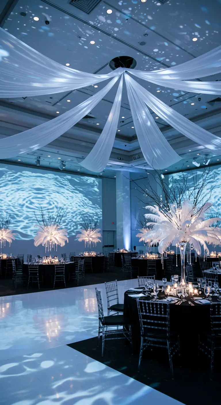 Moderne feestzaal met witte draperie, blauwe lichtprojecties en zwarte tafels.