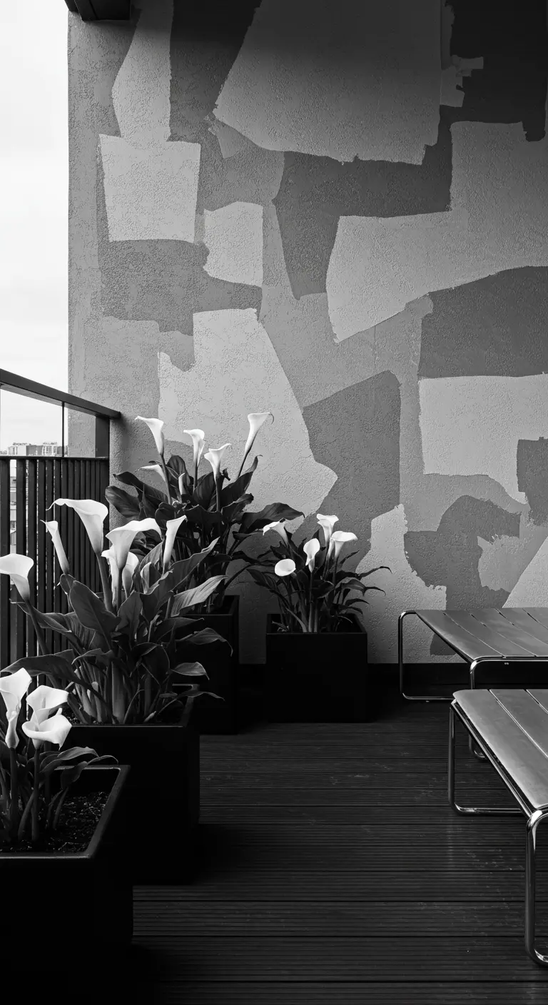 Modern dakterras met een abstracte, getextureerde muurschildering in grijstinten