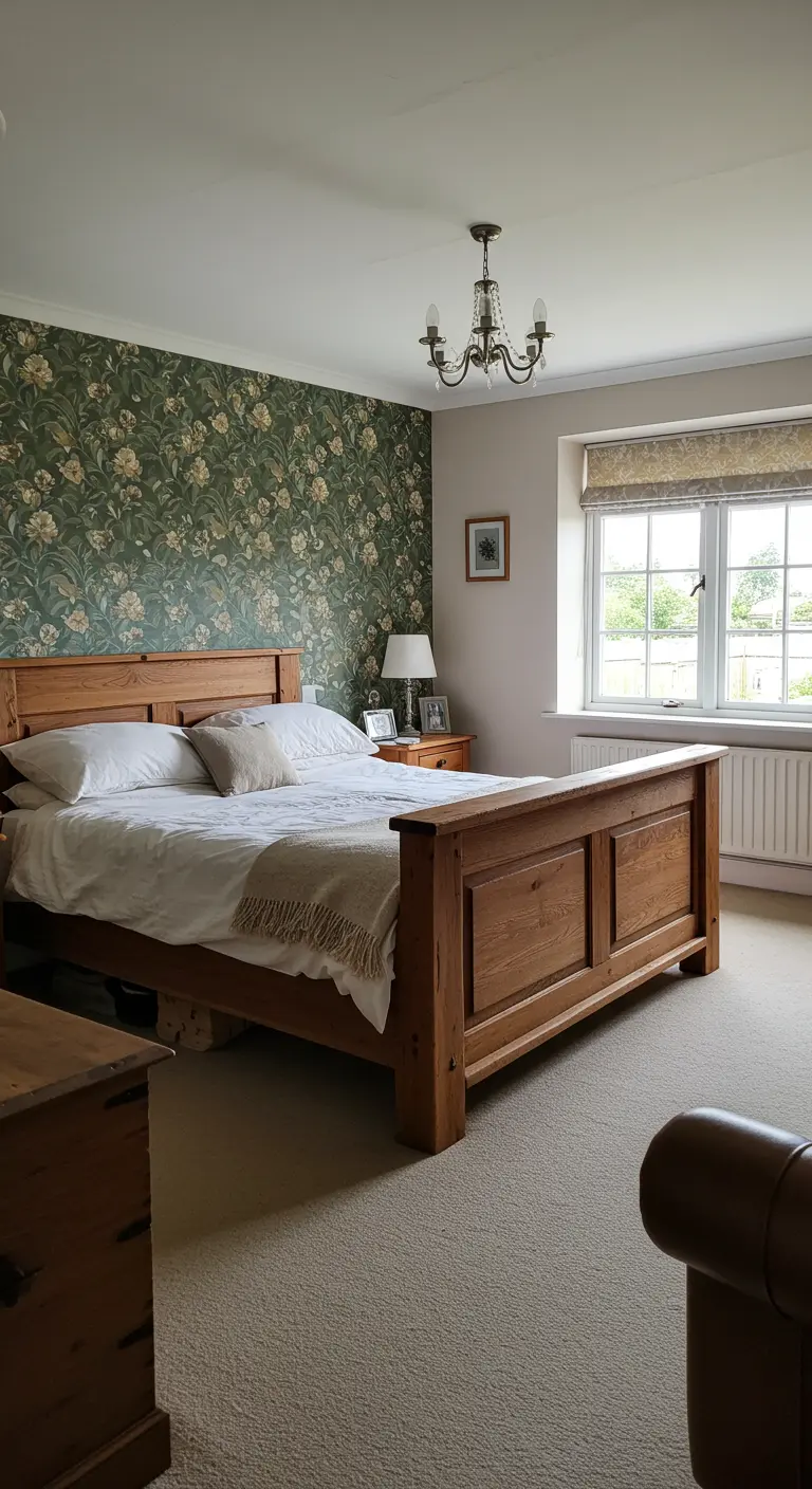 Slaapkamer met donkergroen bloemenbehang accentmuur, houten bed en rustieke meubels.