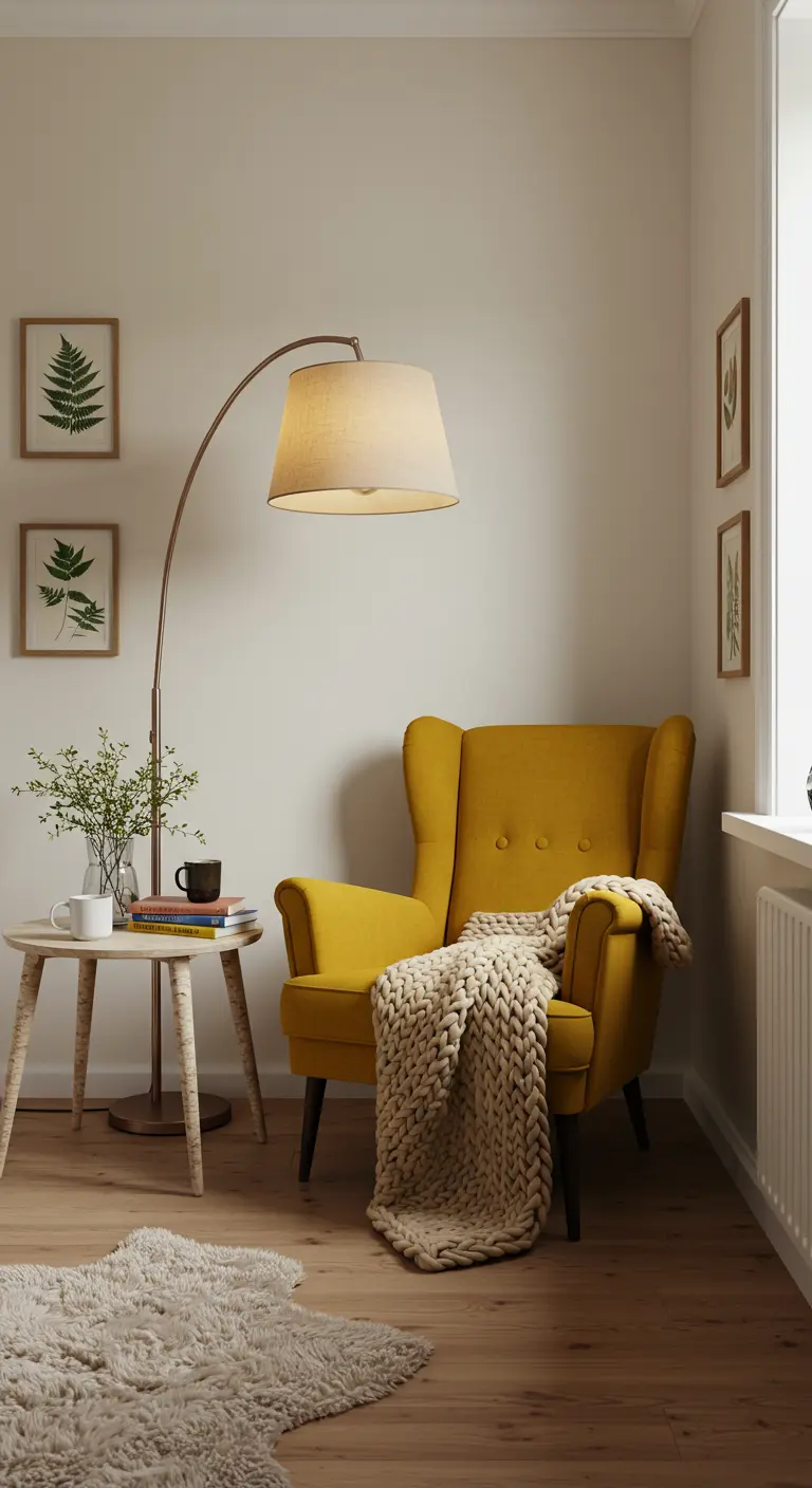 Woonkamer met mosterdgele fauteuil, houten bijzettafel, booglamp en ingelijste botanische prints.
