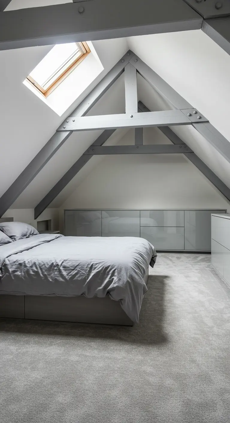 Zolderslaapkamer met wit plafond en zichtbare houten balken die grijs geschilderd zijn.