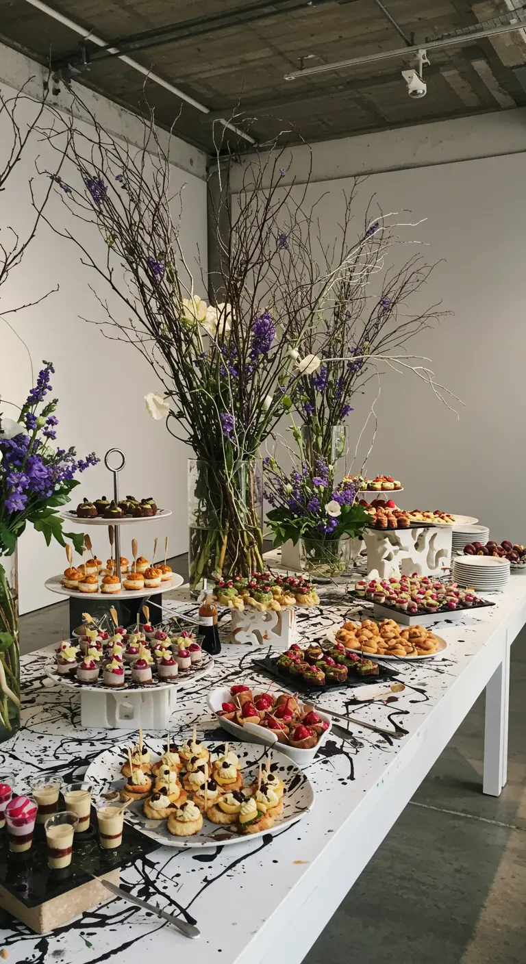 Witte buffettafel met zwarte verfspatten, hapjes en hoge vazen met takken.