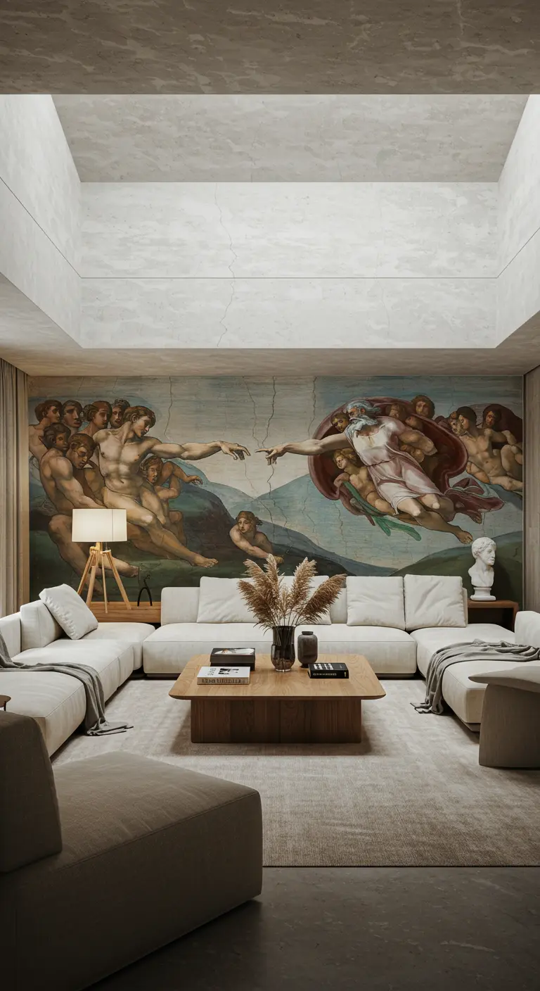 Moderne, minimalistische woonkamer met een groot Michelangelo-schilderij op de muur en lichte meubels