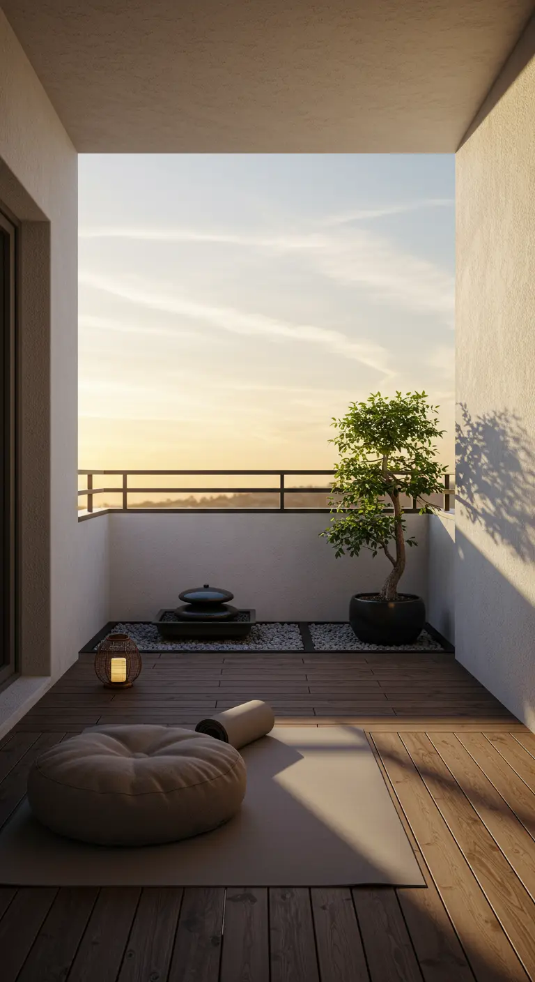 Minimalistisch balkon met houten vlonder, meditatiekussen, bonsai en uitzicht op de zonsondergang.