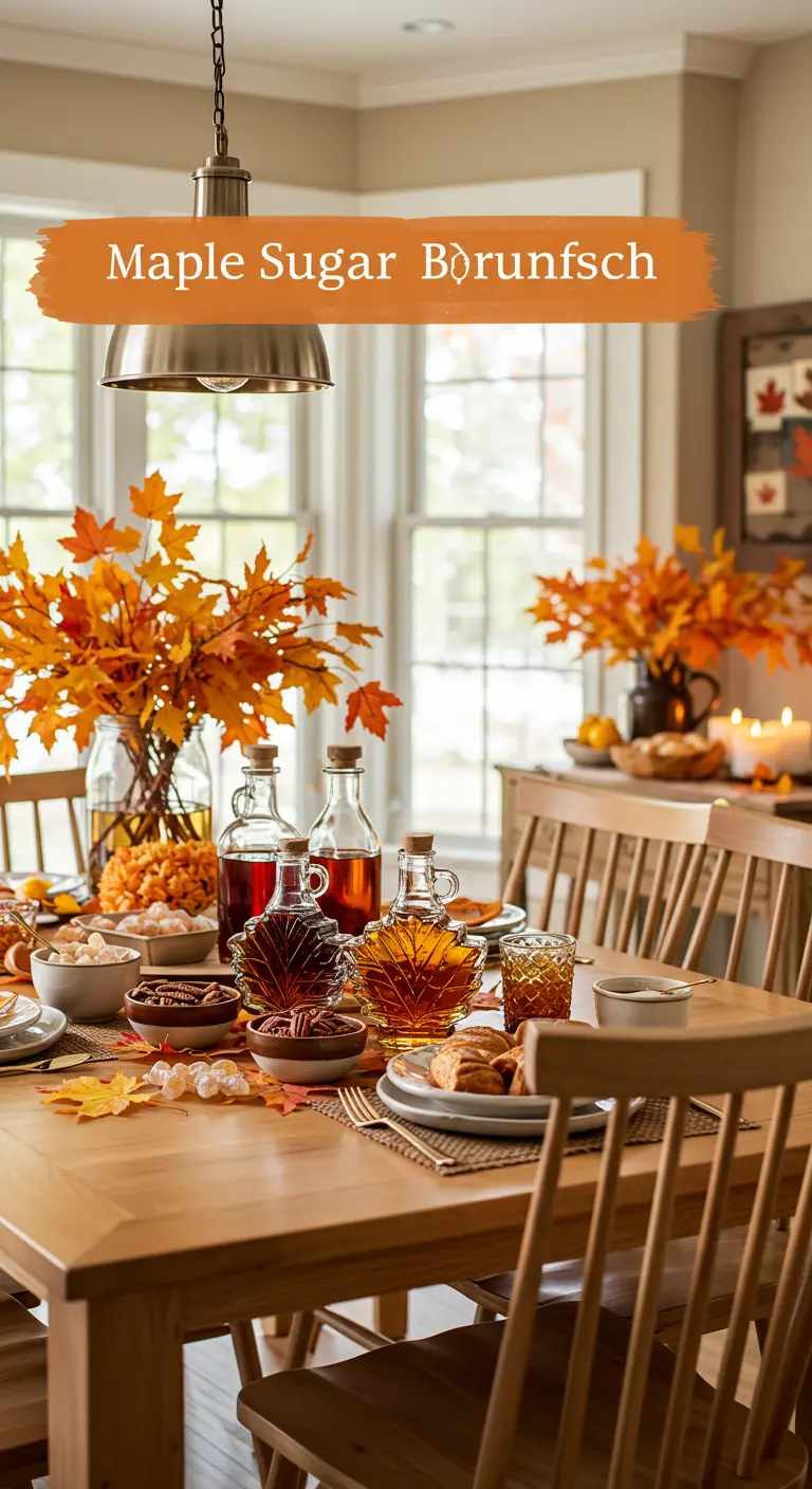 Herfstbrunch tafel met ahornblad decoraties en siroopflessen.
