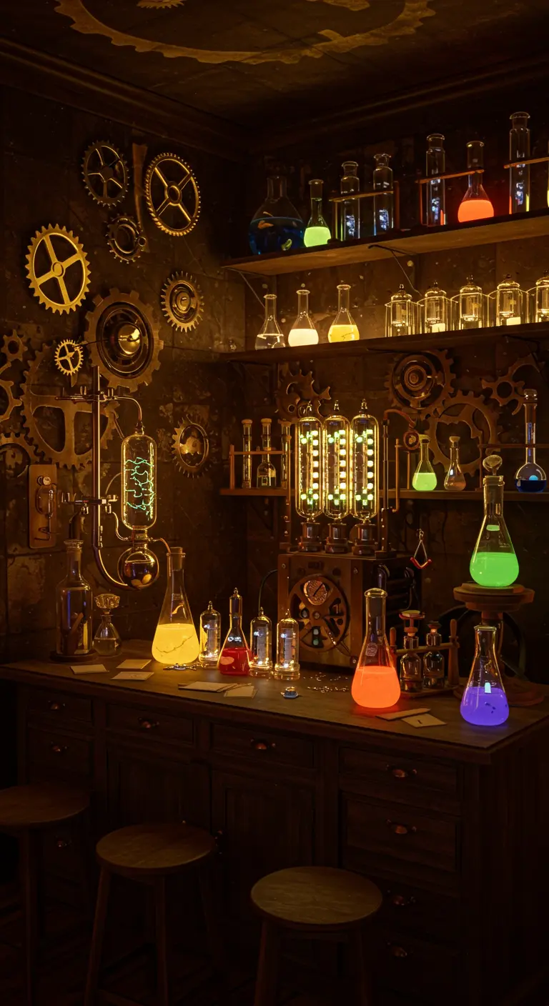 Steampunk laboratorium met oplichtende vloeistoffen in glaswerk.