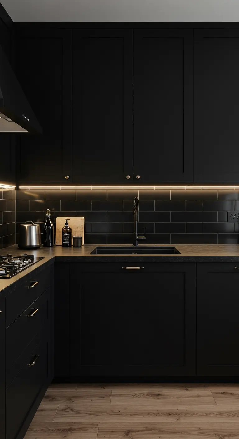 Volledig zwarte keuken met sfeervolle verlichting onder de bovenkasten en een houten vloer.