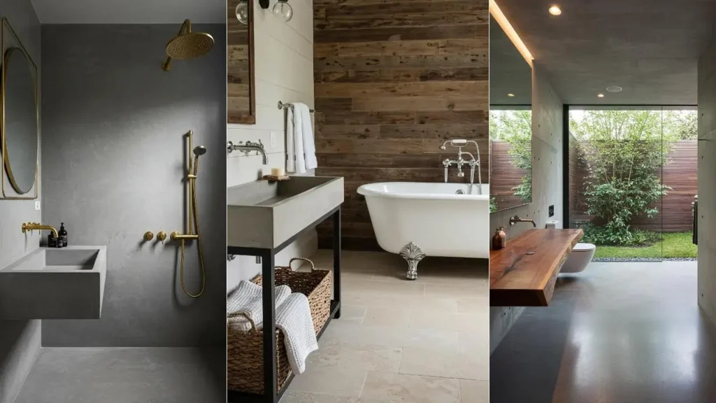 Diverse serene badkamers met natuurlijke materialen zoals hout en beton voor een rustgevende sfeer.