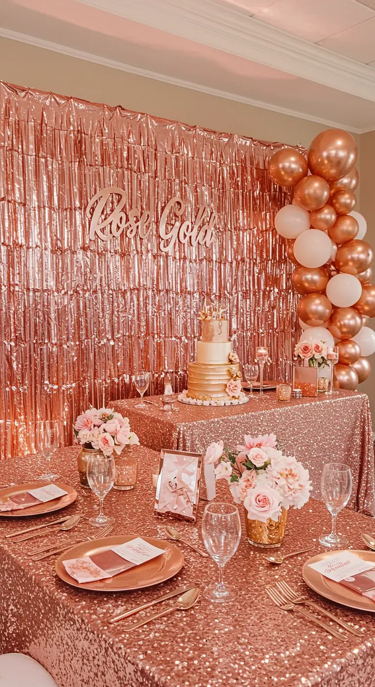 Roségouden feestdecoratie met pailletten tafelkleed en metallic achtergrond.