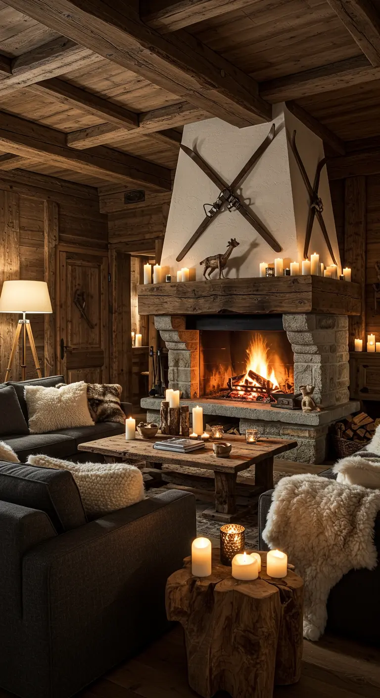 Chalet-stijl woonkamer met houten interieur, stenen open haard en veel kaarsen.
