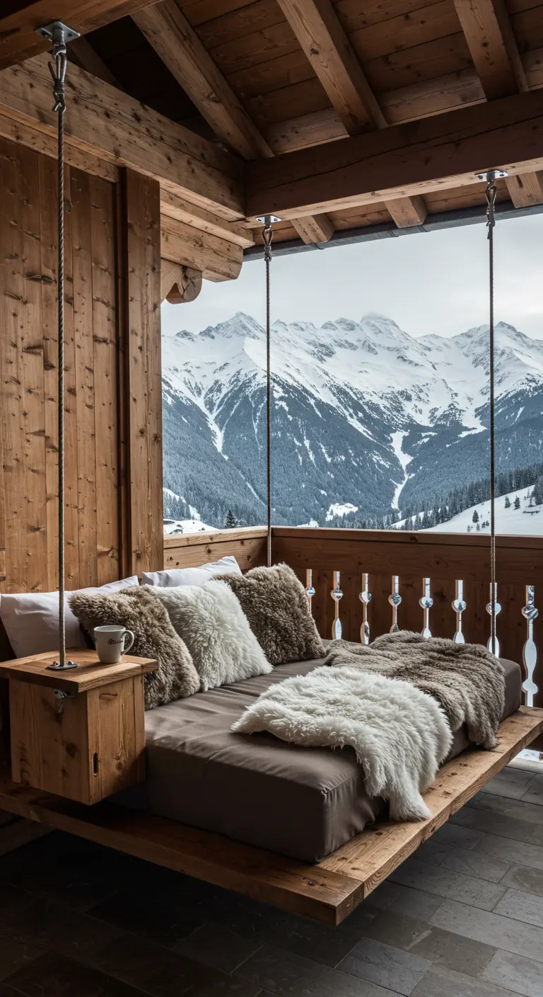 Houten daybed op een balkon in de Alpen, vol met schapenvachten en met uitzicht op besneeuwde bergen.
