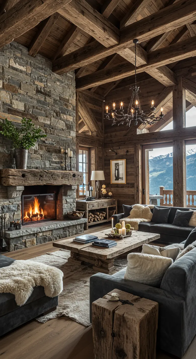 Luxe alpine woonkamer met stenen open haard, donker hout en schapenvacht accenten