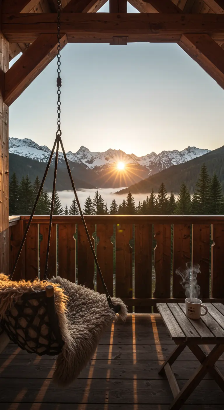 Geweven hangstoel met schapenvacht op houten balkon met uitzicht op besneeuwde bergen en zonsopgang.