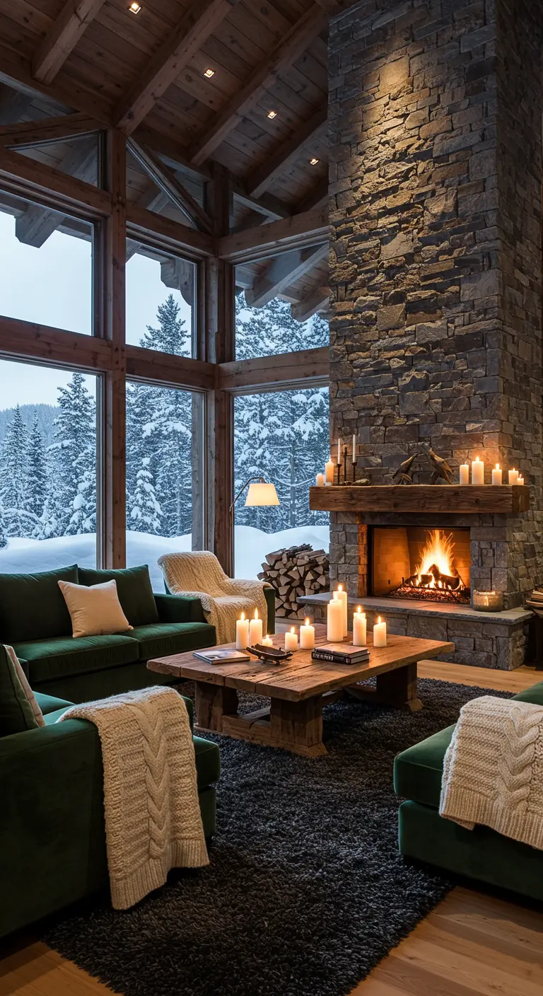 Ruime woonkamer met groene velvet bank, stenen open haard en veel kaarsen in een winterlandschap.