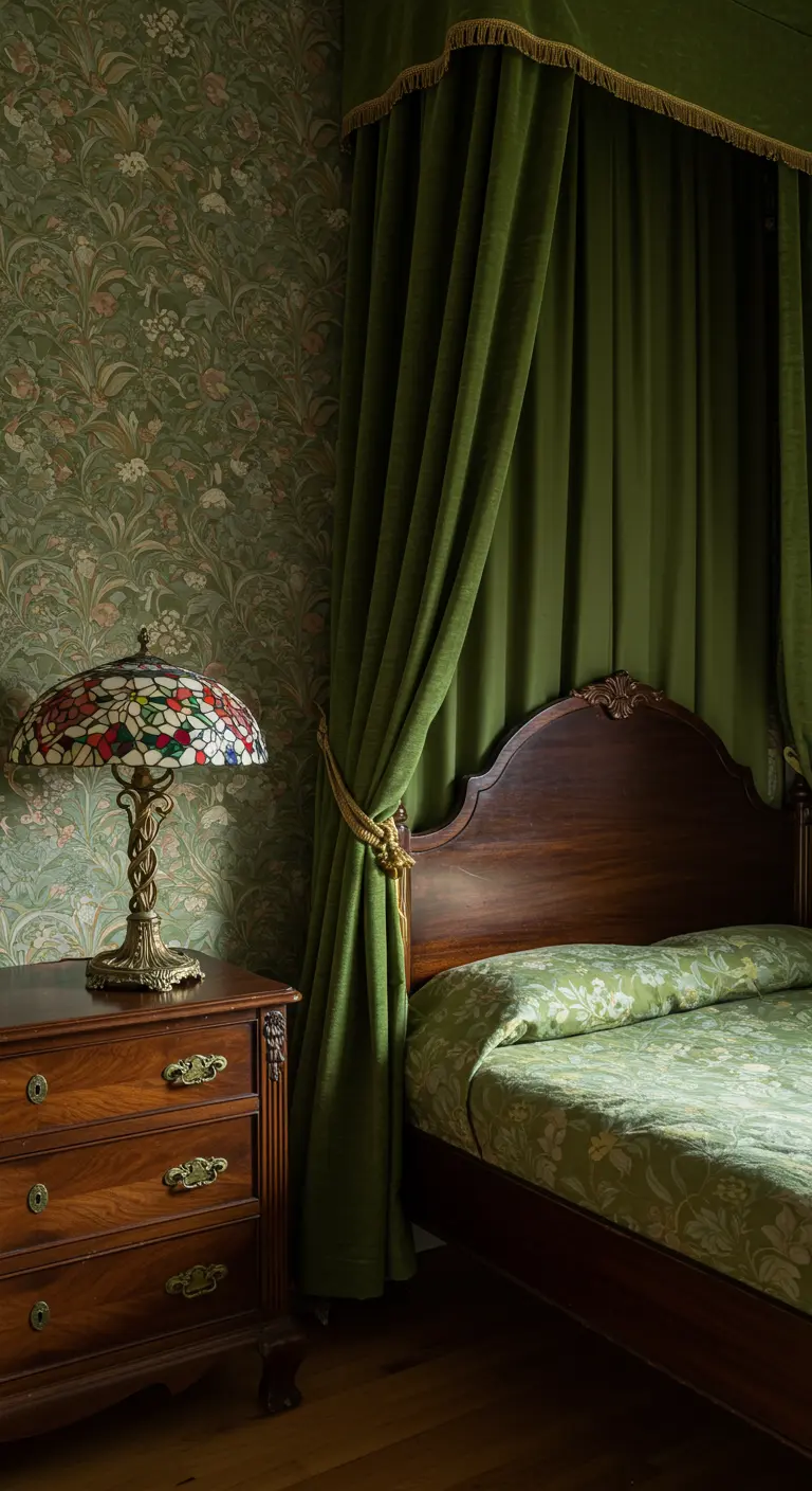 Vintage slaapkamer met donkergroene fluwelen gordijnen rond het bed en een Tiffany-lamp.
