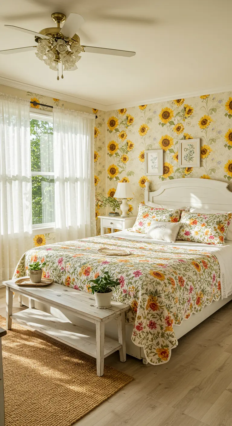 Zonnige slaapkamer met zonnebloembehang, kleurrijke patchwork quilt en wit bankje.