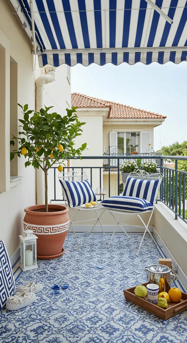 Mediterraan balkon met blauw-witte tegels, gestreepte zonwering en een citroenboom.