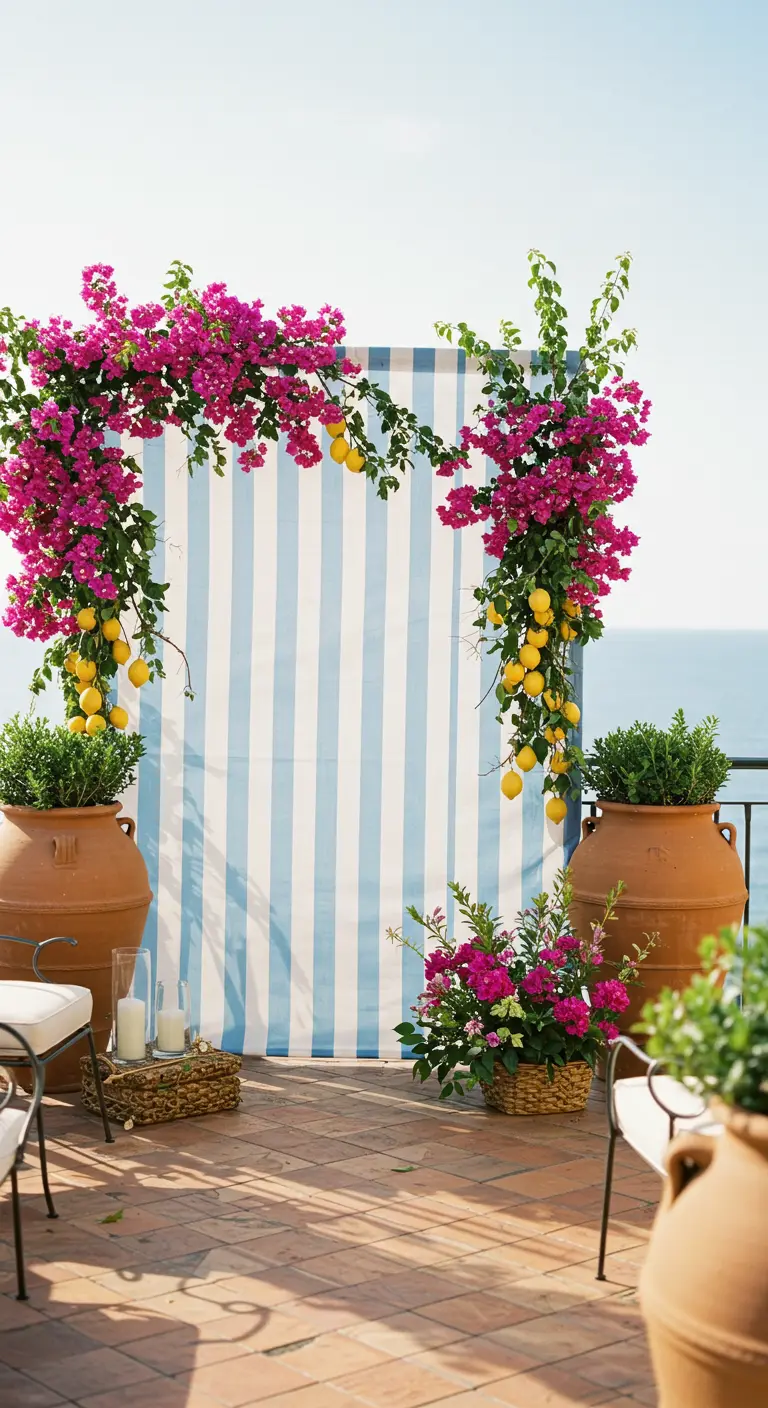 Backdrop met blauw-witte strepen, bougainvillea en citroenen.