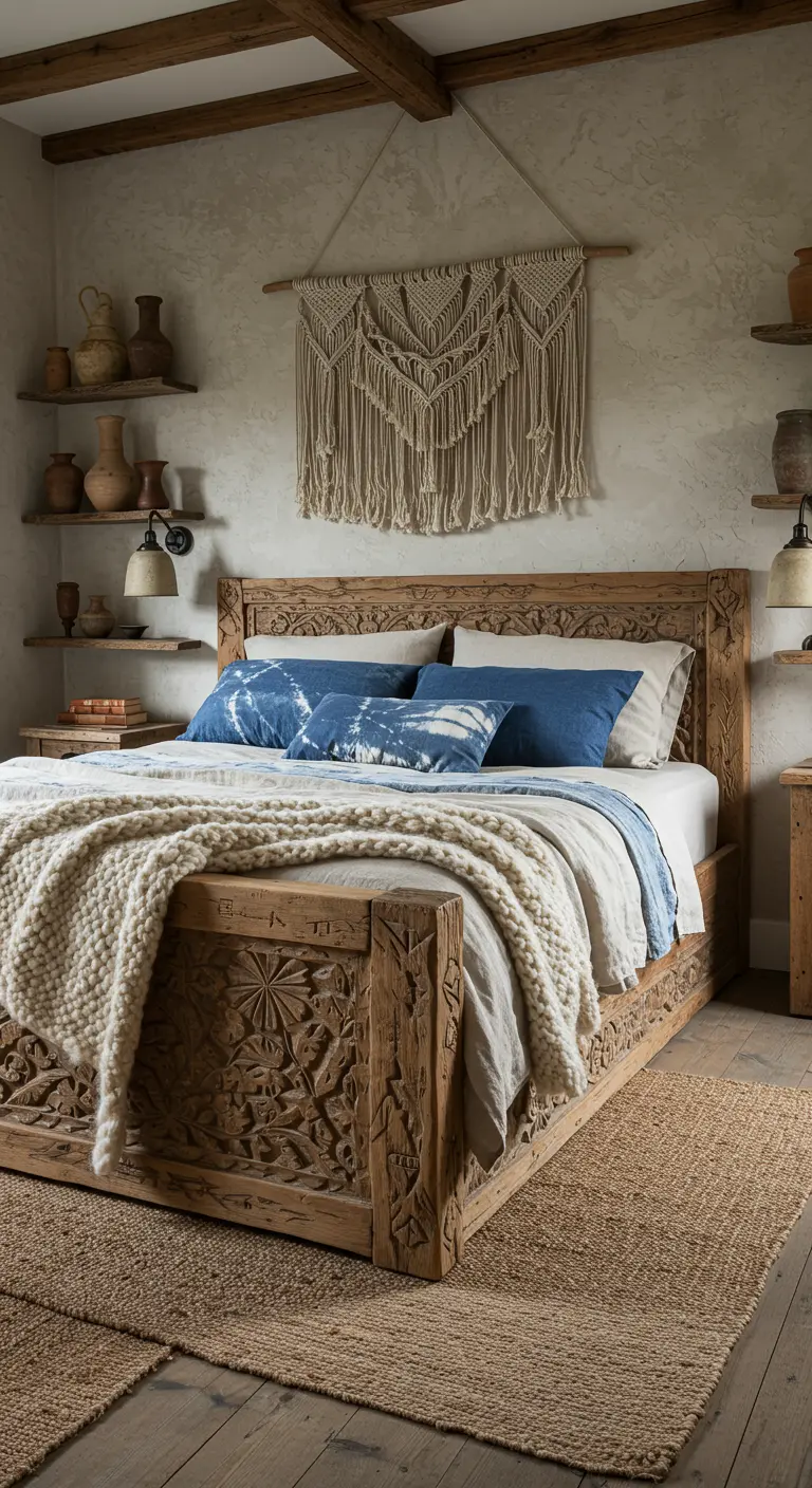 Rustieke slaapkamer met een bed van bewerkt hout, een macramé wandkleed, en natuurlijke tinten.