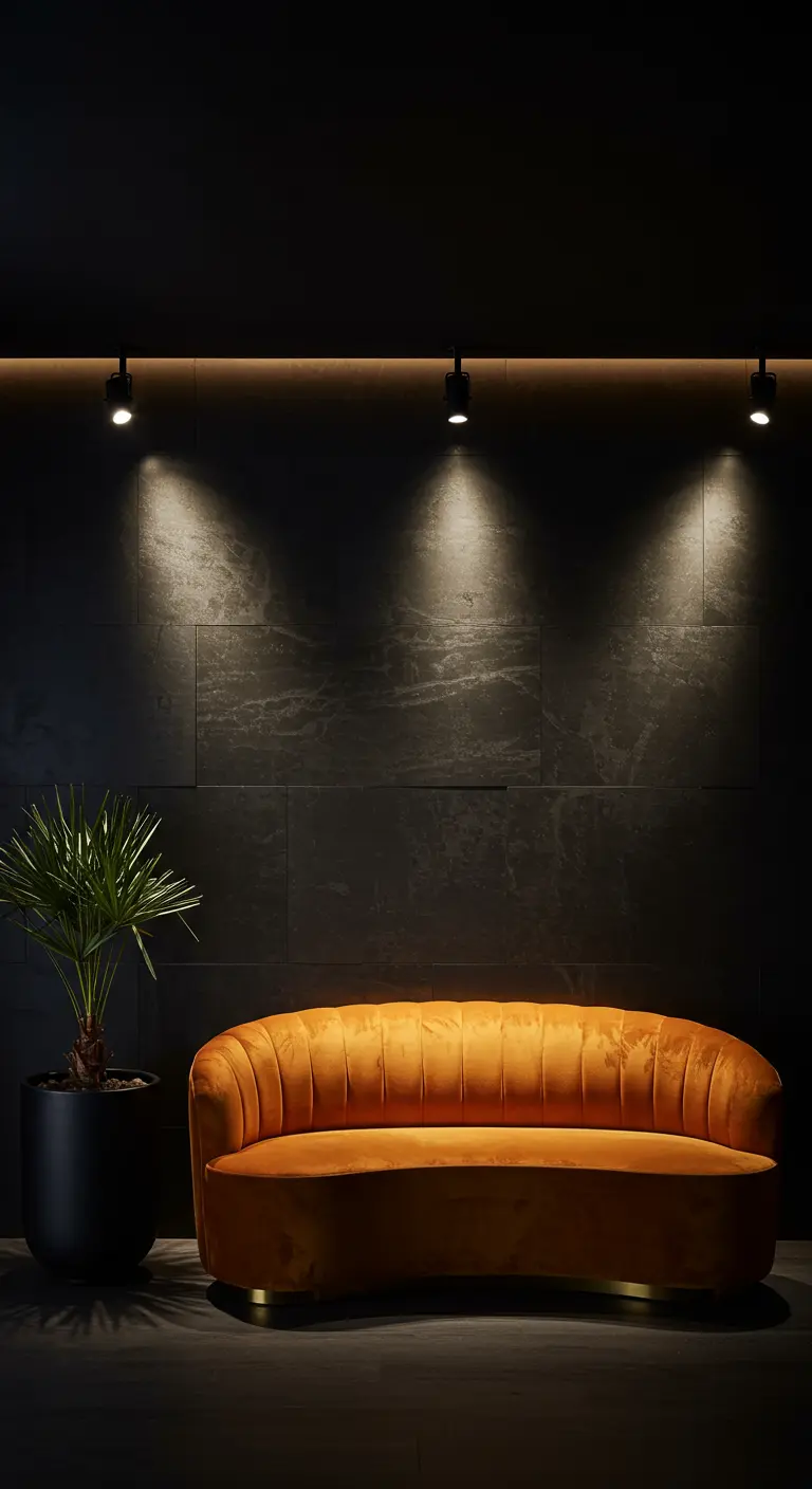 Donkere woonkamer met amberfluwelen bank, zwarte muur en gerichte spotverlichting