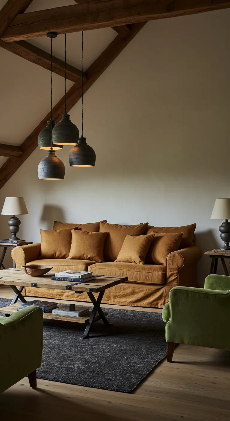 Warme woonkamer met okerkleurige bank, houten balken, groene stoelen en metalen hanglampen