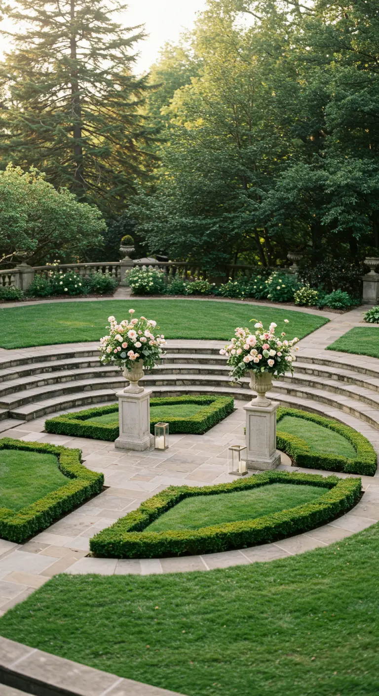 Tuin aangelegd als amfitheater, met twee grote bloemstukken als ceremonie-decor.