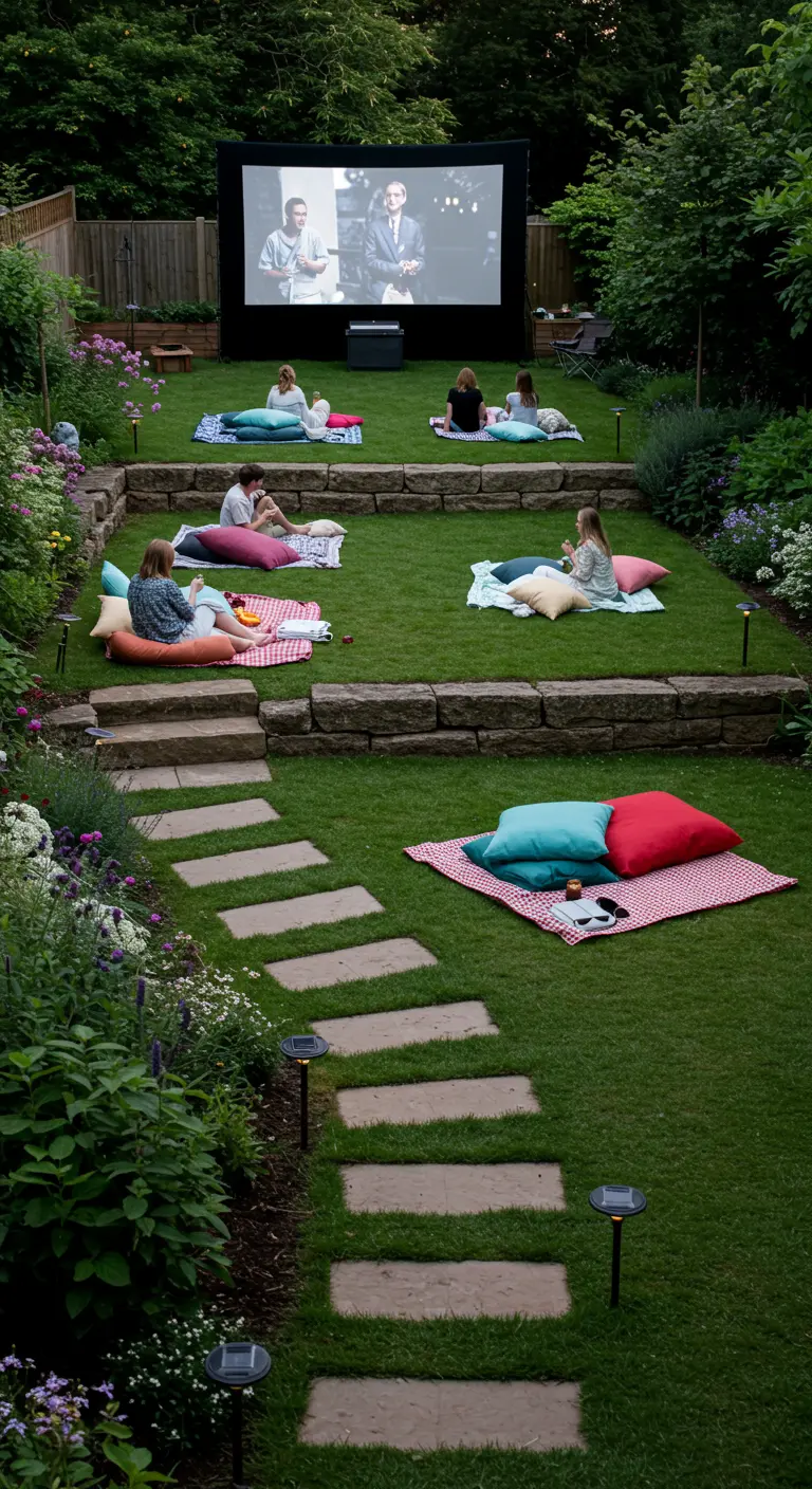 Buitenbioscoop in een tuin met terrassen, waarbij mensen op kleden op verschillende hoogtes zitten.