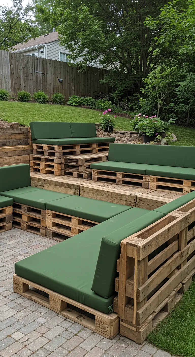 Gelaagde zithoek van pallets tegen een helling, als een amfitheater met groene kussens.