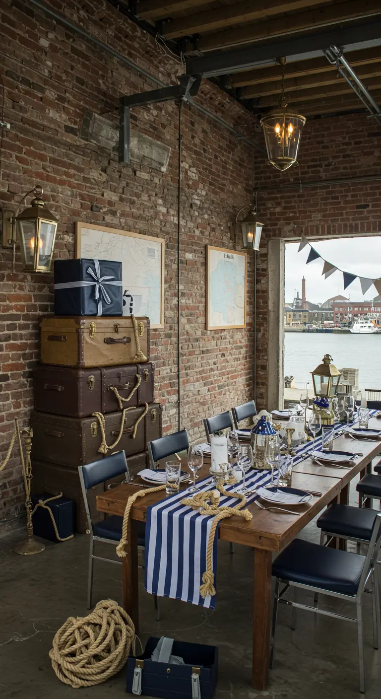 Eettafel met nautisch thema, gestreepte loper en gestapelde koffers.